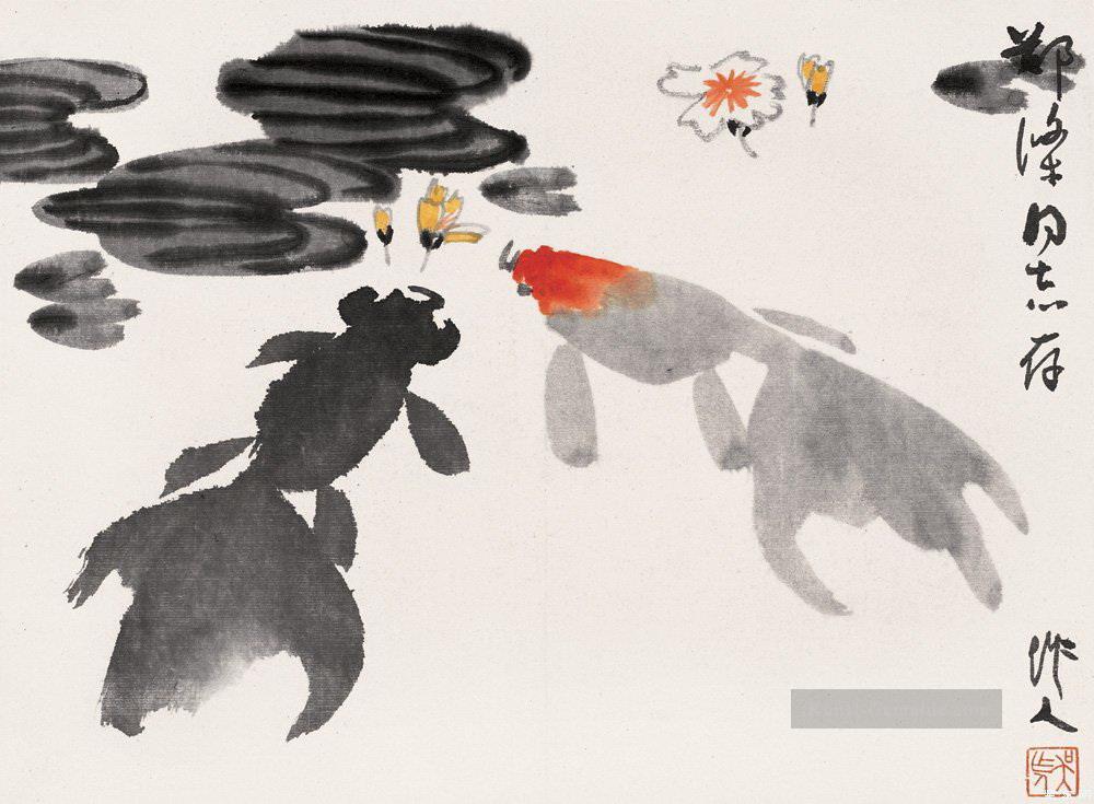 Wu Zuoren Goldfisch und Blumen Chinesische Malerei Ölgemälde
